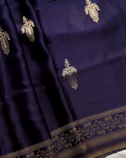 Varuni - Navy Blue Banarasi Silk Saree with Zari Floral Border
