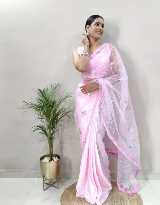 Ruhi Baby Pink Ready To Wear Soft Silk Saree