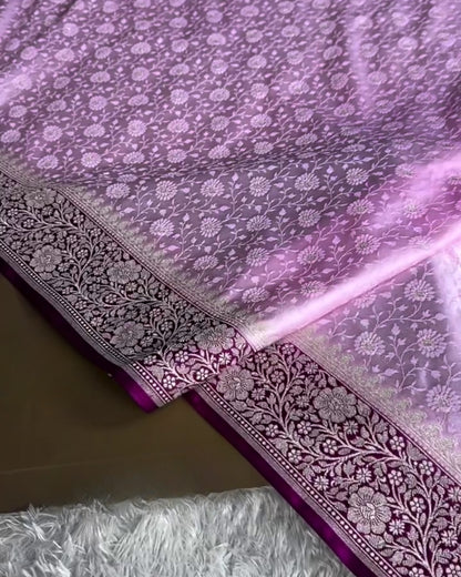 Avanti - Lavender Floral Banarasi Style Saree With Wine Border