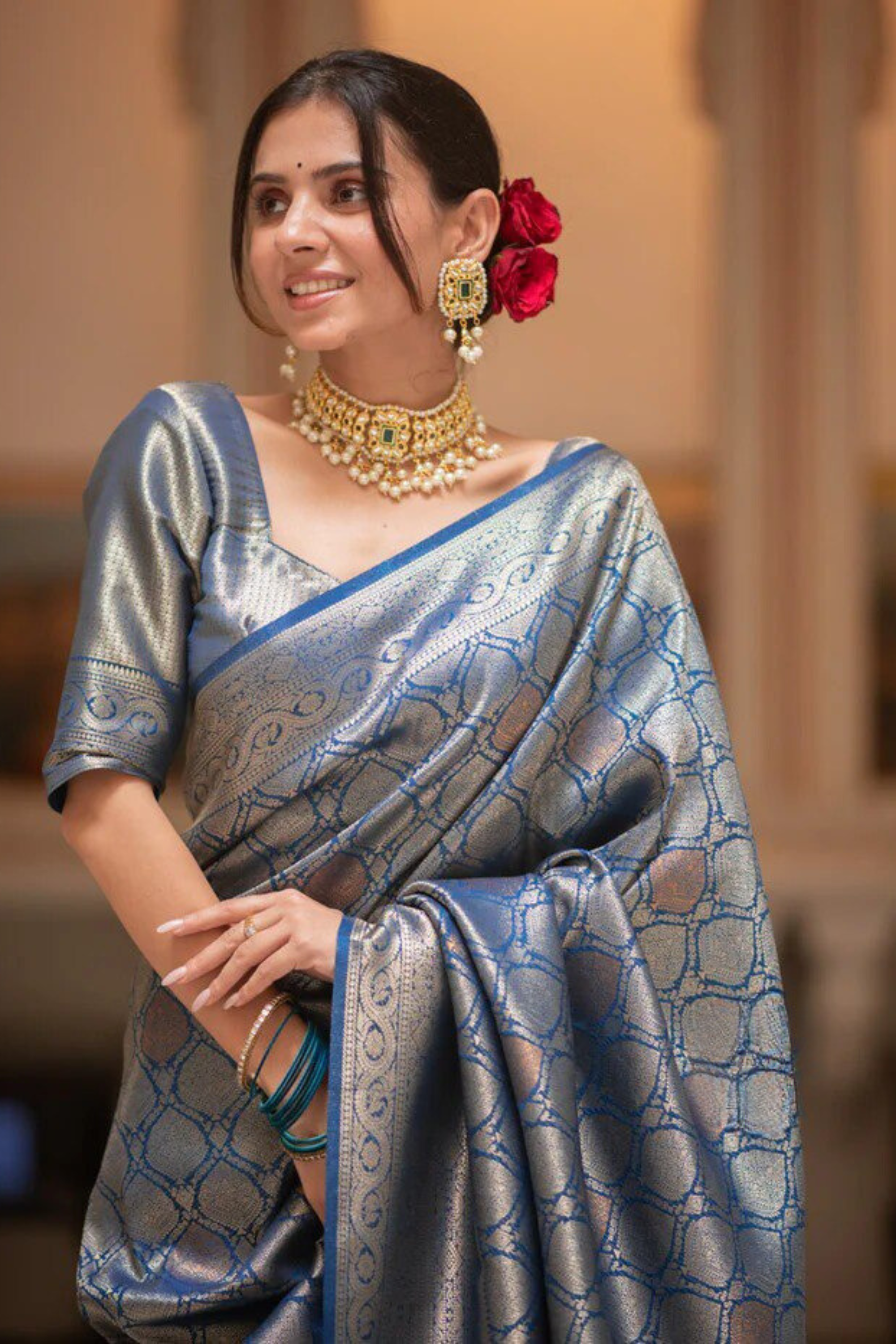 Blush Gleam - Blue - Banarasi Silk Saree