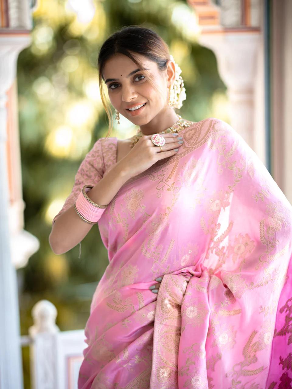 Hema Onion Pink Banarasi Silk Saree