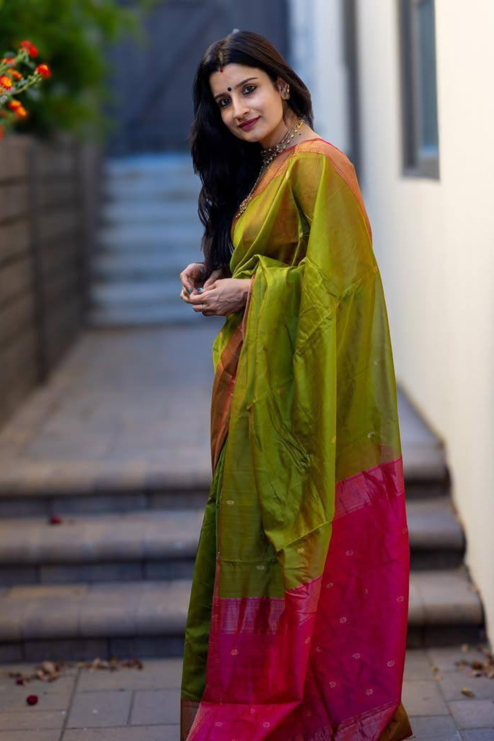 Fern Symphony - Green-Red Lici Soft Silk Saree