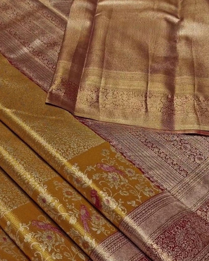 Tapasya - Mustard Gold Banarasi Silk Saree with Zari Floral Jaal