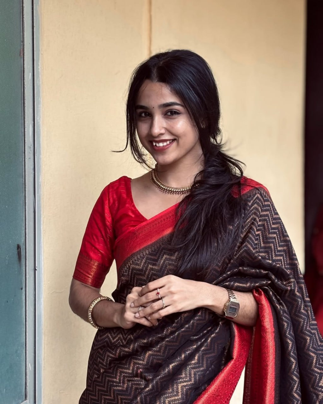 Nivriti - Coffee Brown Handloom Saree with Red Border
