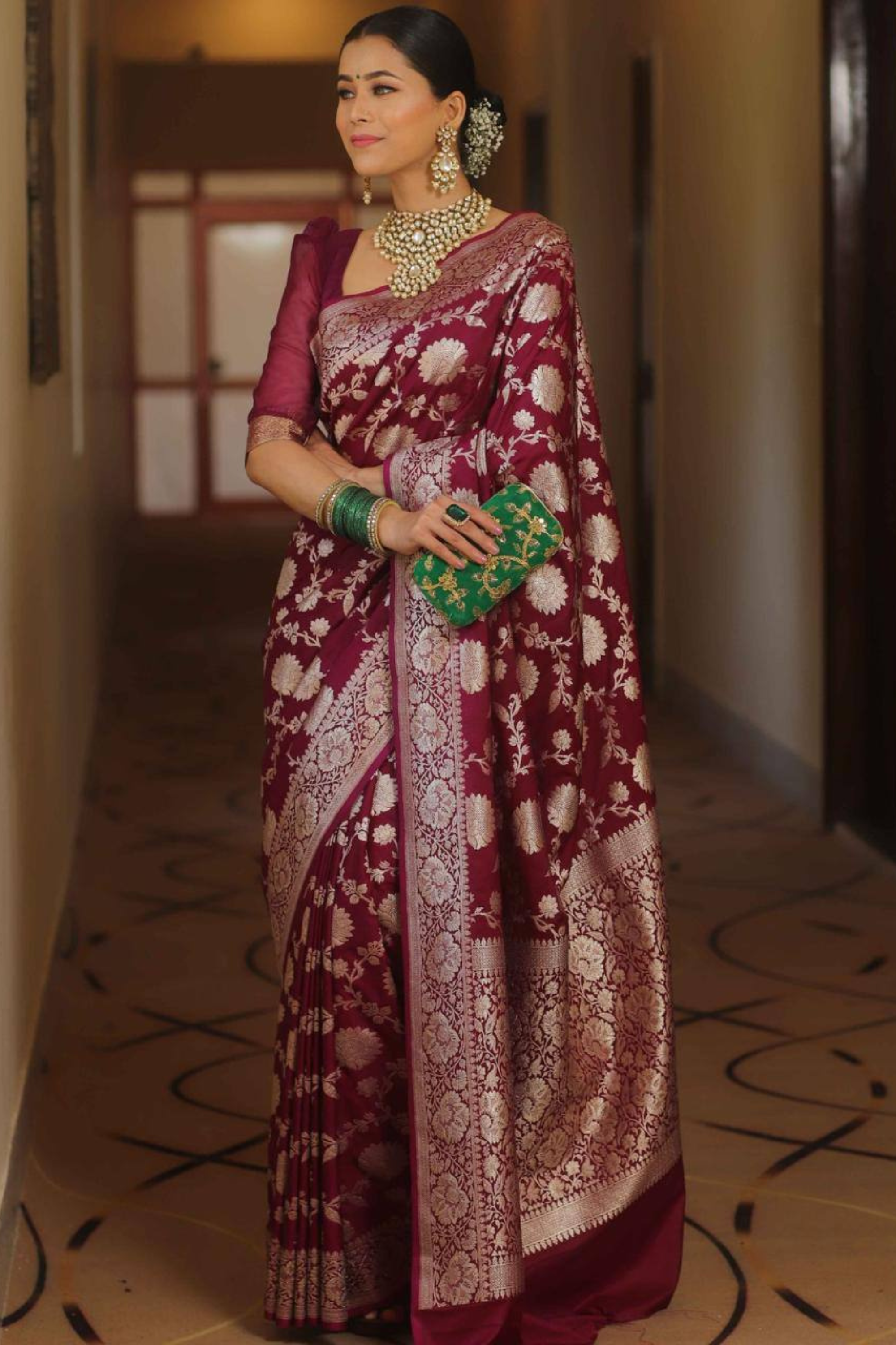 Burnished Sunbeam - Wine Lichi Soft Silk Saree