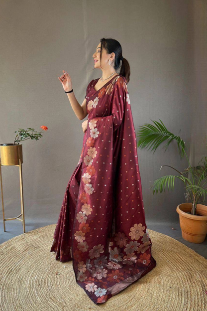 Rosette Bloom - Maroon Satin Silk Saree