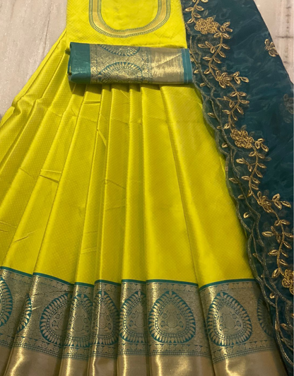 Jiya Musted Yellow-Rama Green Kanchipuram Lehenga Choli