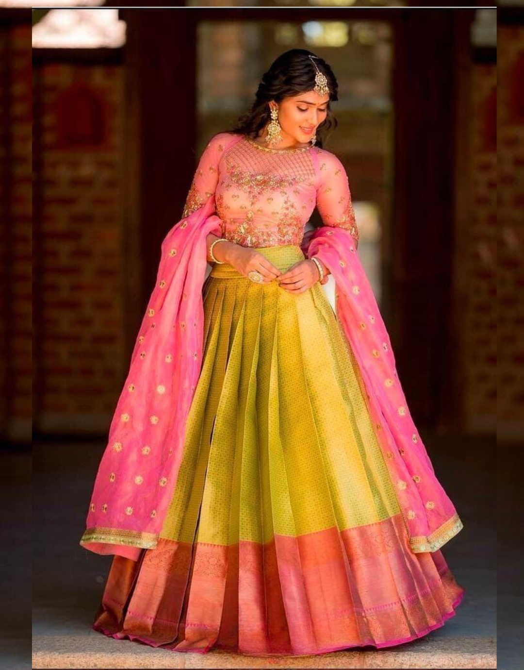 Manvi Yellow-Pink Kanchipuram Lahengha Choli