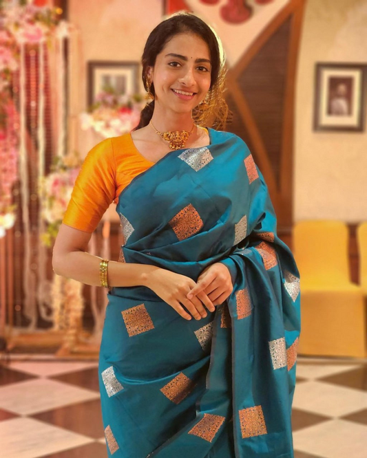 Anvitha - Teal Blue Saree with Zari Checks