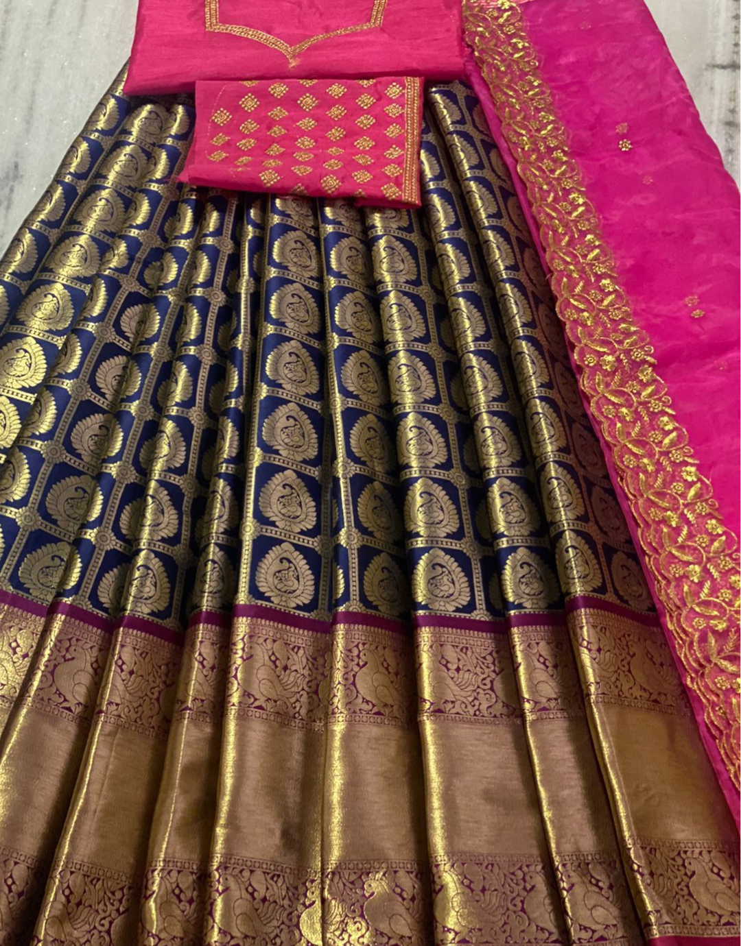 Siya Navy Blue-Deep Pink Kanchipuram Lehenga Choli