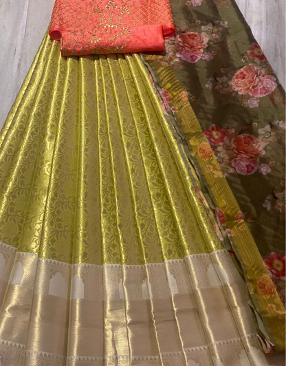 Seema Peach-Musted Yellow Kanchipuram Lehenga Choli