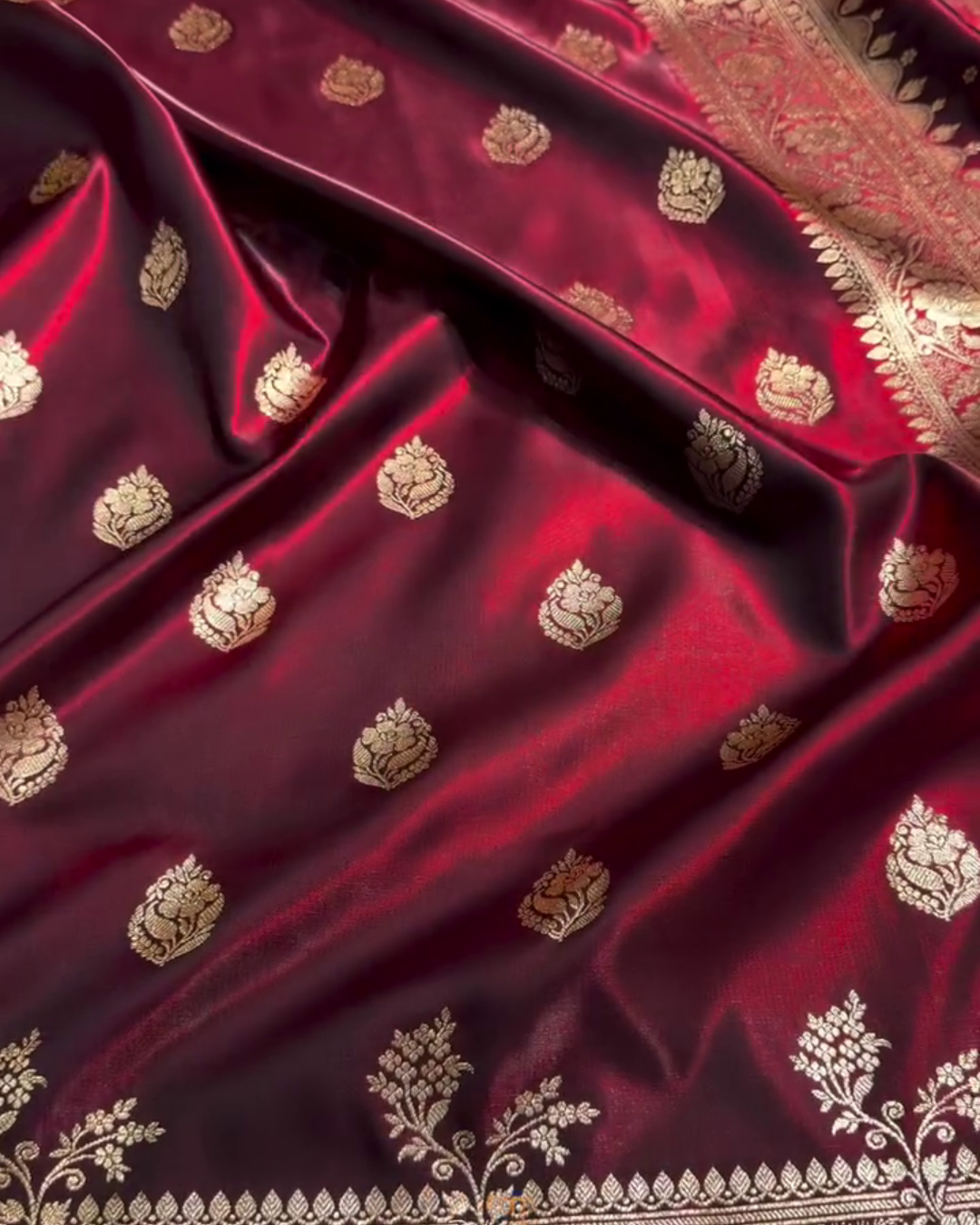 Kaushalya - Maroon Banarasi Satin Saree with Golden Zari Floral Weaving