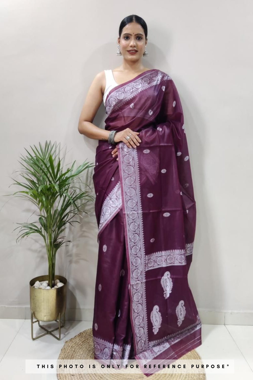 Tulsi Wine Linen Cotton Saree