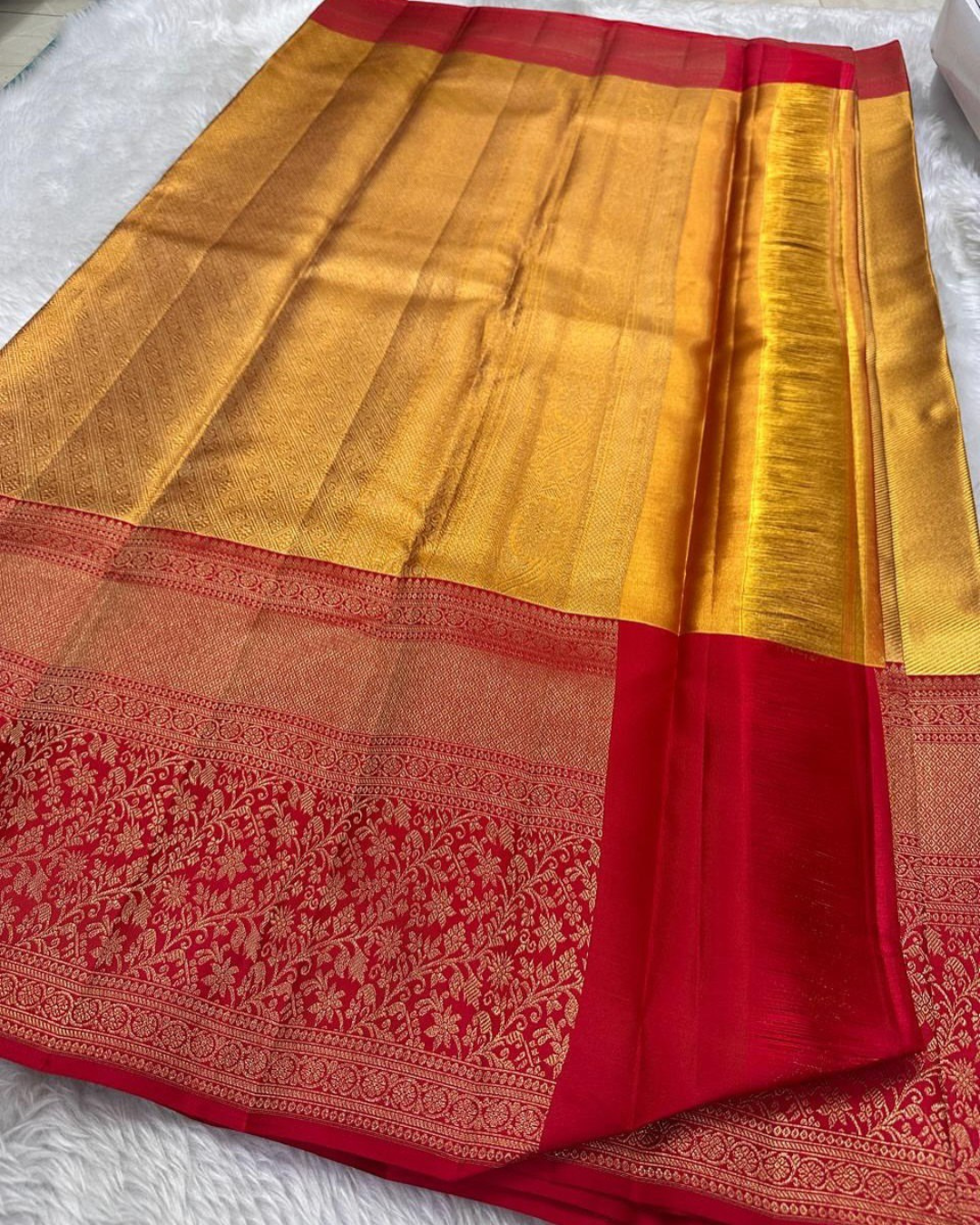 Saanvi - Golden Yellow Kanjivaram Saree with Red Border