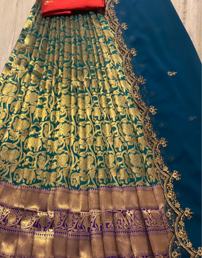 Himanshi Red-Prussian Blue Kanchipuram Lehenga Choli