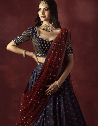 Kavya Dark Blue Kanchipuram Lehenga Choli