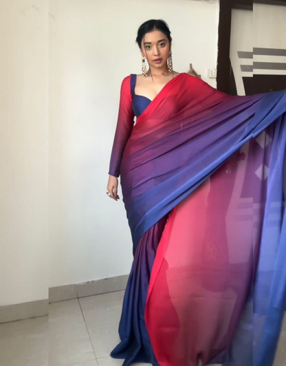 Piyu Pink And Blue 1-Minute Ready To Wear Soft Silk Saree