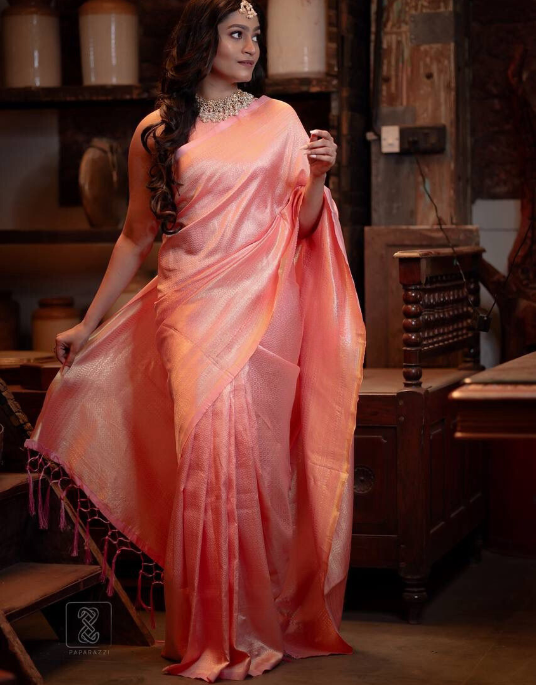 Shara Peach Banarasi Soft Silk Saree