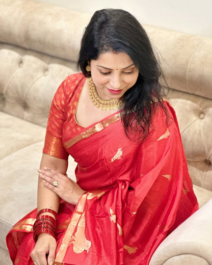 Sharvani - Brick Red Silk Saree with Leaf Motifs