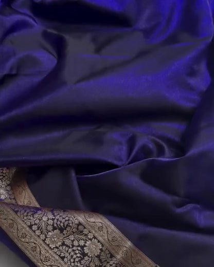Samika - Blue Banarasi Satin Saree with Zari Butta and Floral Border