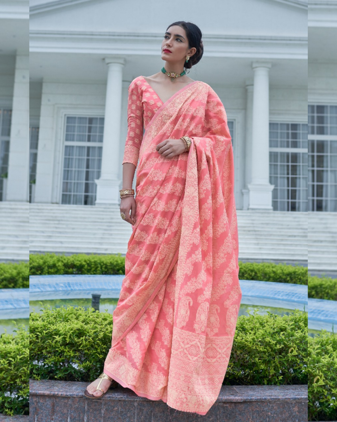 Peach Aakshi Lucknowi Cotton Silk Saree