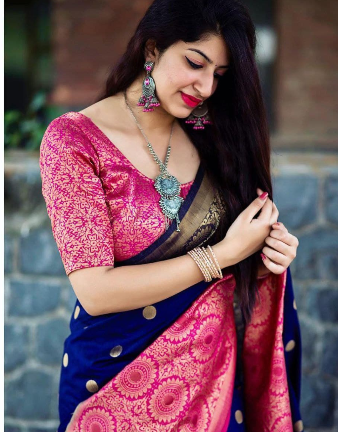 Peach colour saree with navy blue blouse best sale