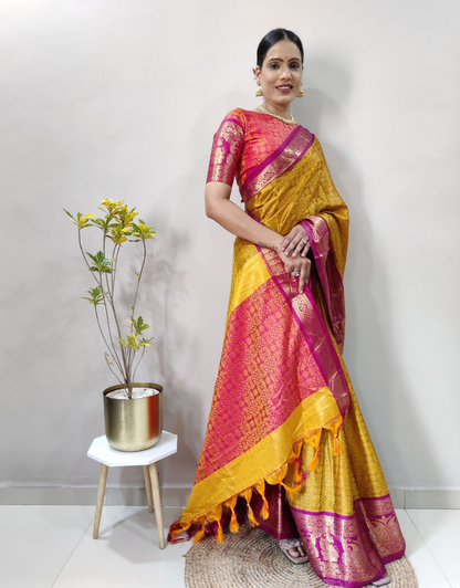 Ishika Musted Yellow-Purple Soft Silk Saree