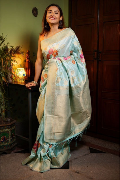 Aqua Allure - Floral Silk Saree