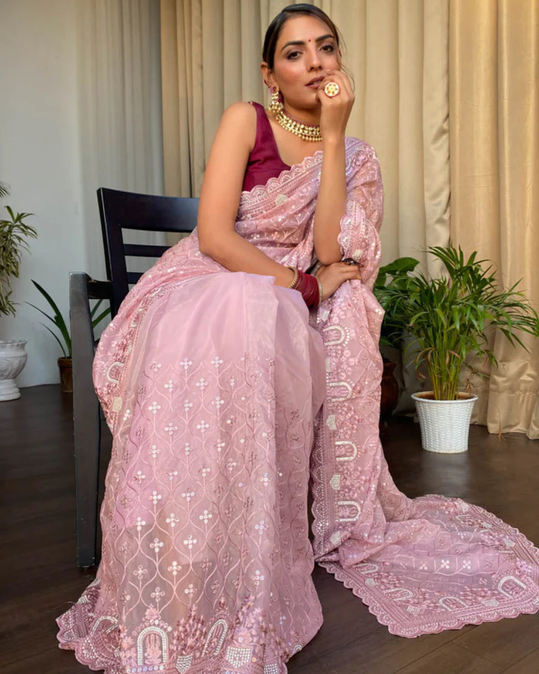 Blush Serenity - Embroidered Net Sare