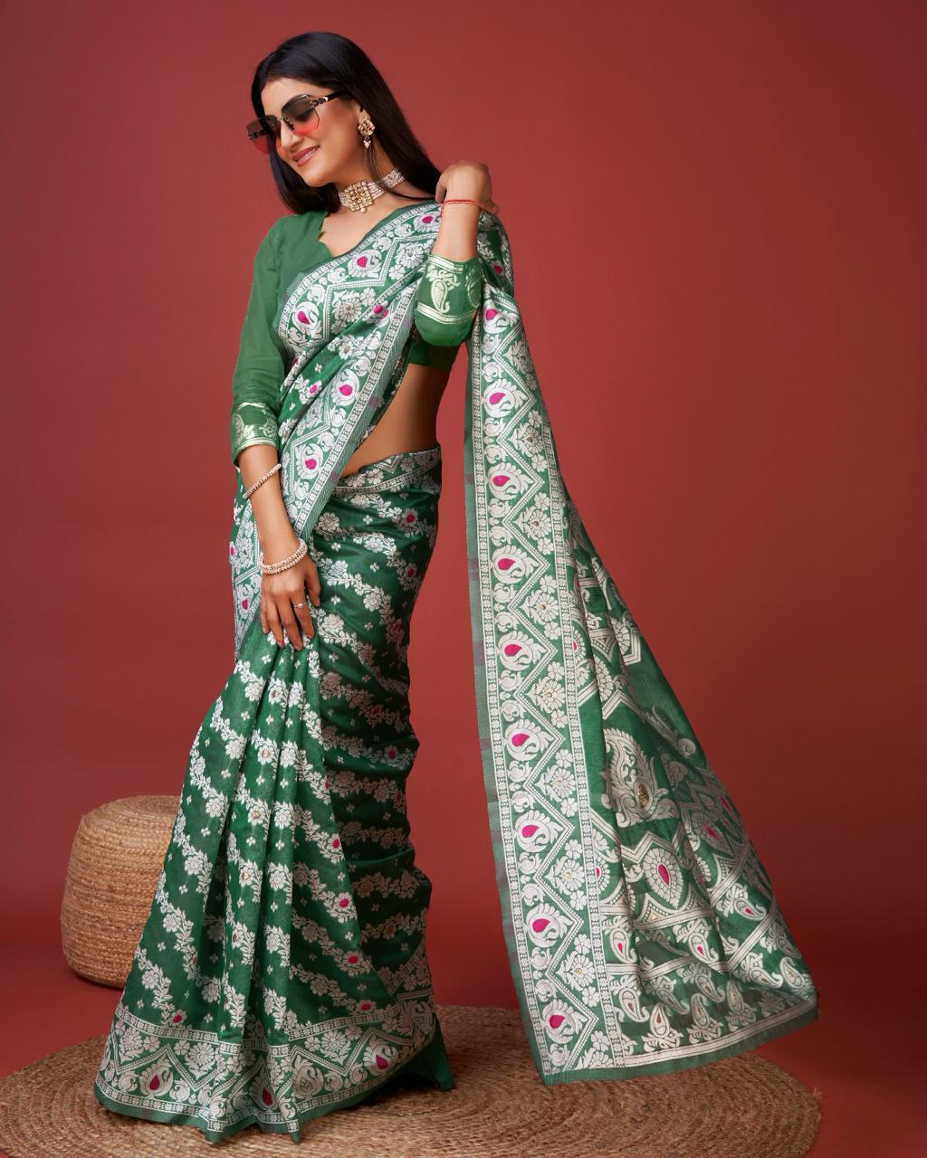 Kenvi Green Banarasi Silk Saree