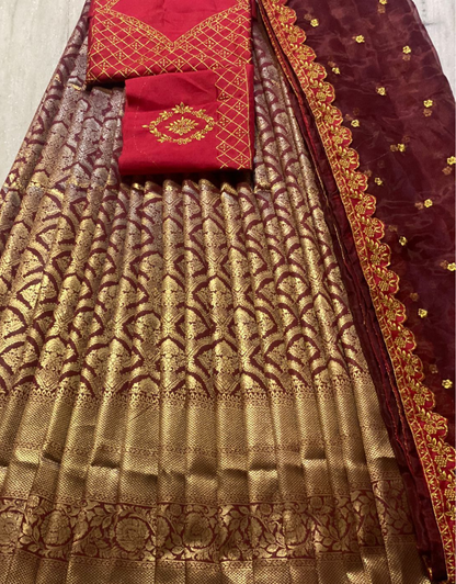 Lalita Deep Pink-Maroon Kanchipuram Lehenga Choli