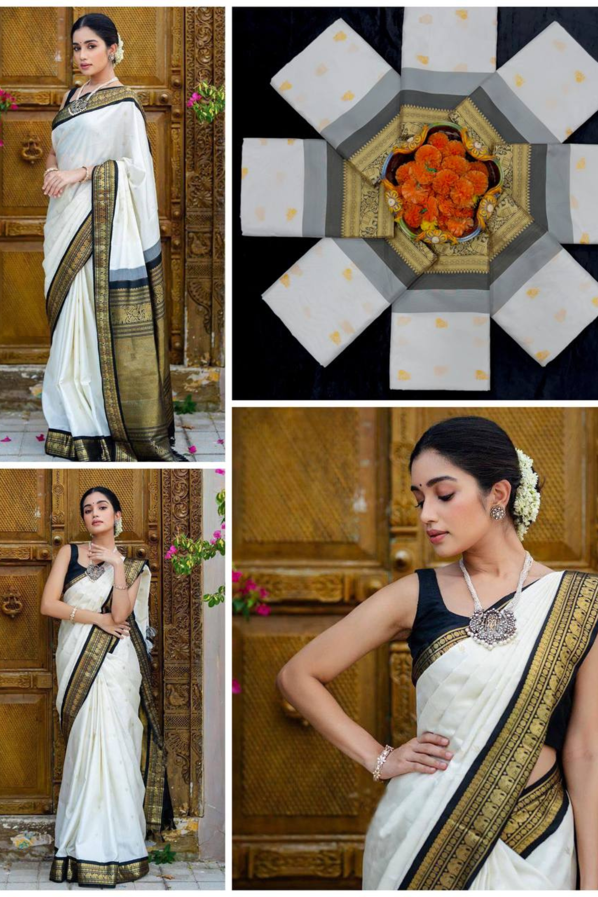 Shimmering Gold - White Lichi Soft Silk Saree