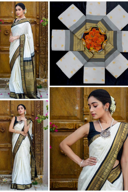 Shimmering Gold - White Lichi Soft Silk Saree