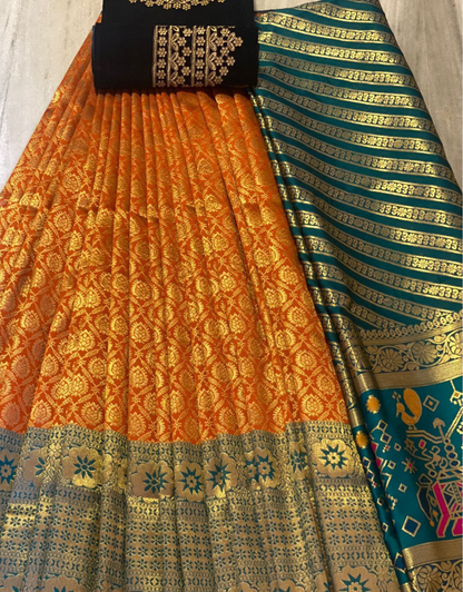 Urvi Rama Green-Orange Kanchipuram Lehenga Choli