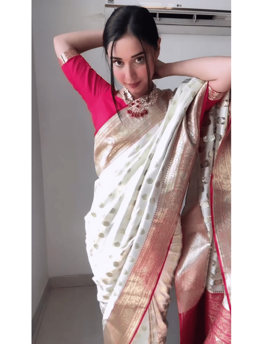 Rihana White Litchi Silk Ready to Wear Saree