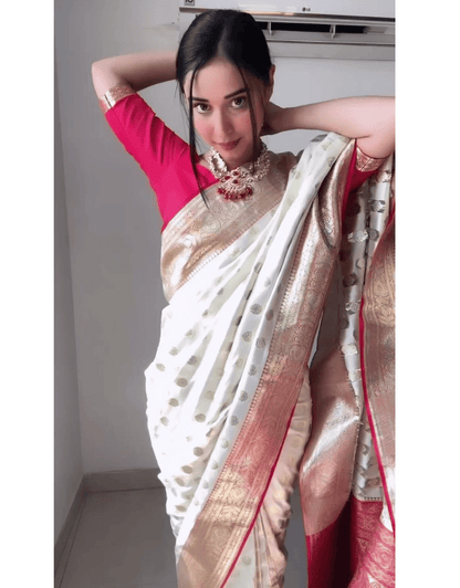 Rihana White Litchi Silk Ready to Wear Saree