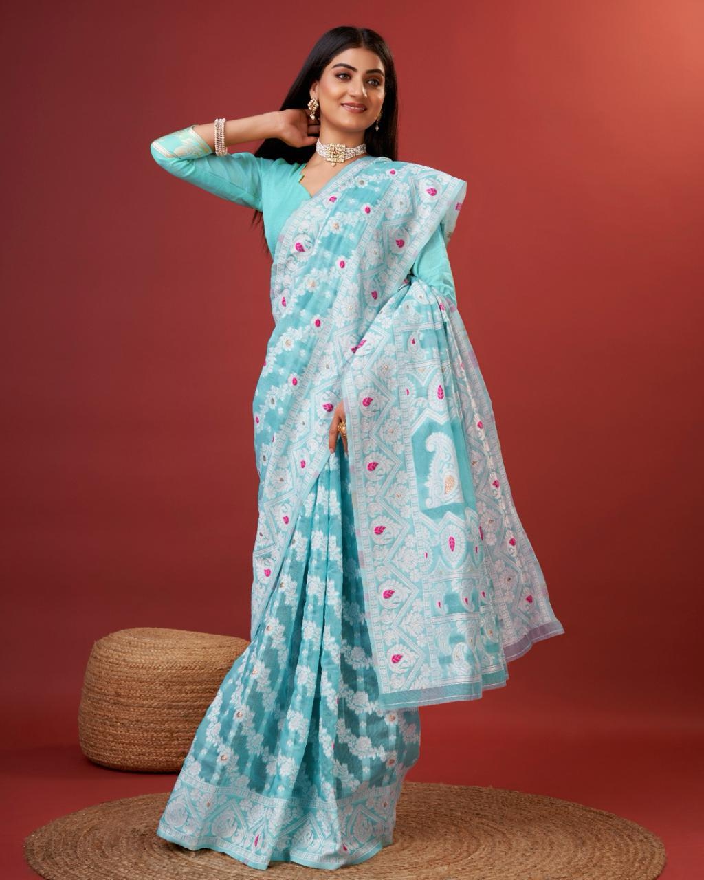 Kenvi Light Blue Banarasi Silk Saree