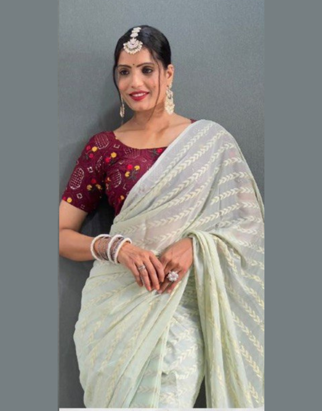 Lata Light Pista Georgette Silk Saree With Embroidery Blouse