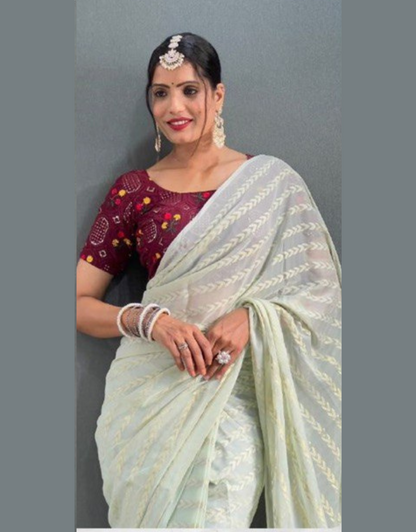 Lata Light Pista Georgette Silk Saree With Embroidery Blouse