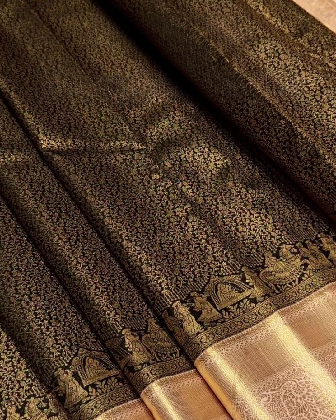 Qamra - Black Gold Banarasi Silk Saree with Zari Figurative Border