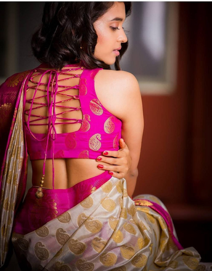 Prachi Ofwhite And Pink Banarasi Silk Saree With Attractive Blouse