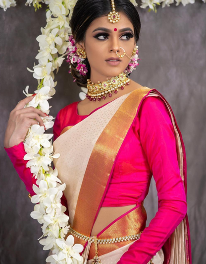 Shalu White-Pink Banarasi Silk Saree