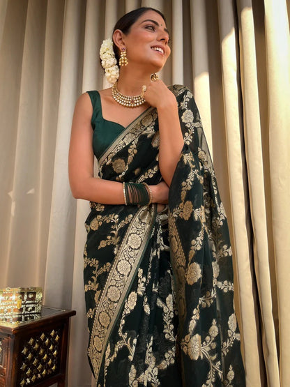 Laita Green Banarasi Silk Saree