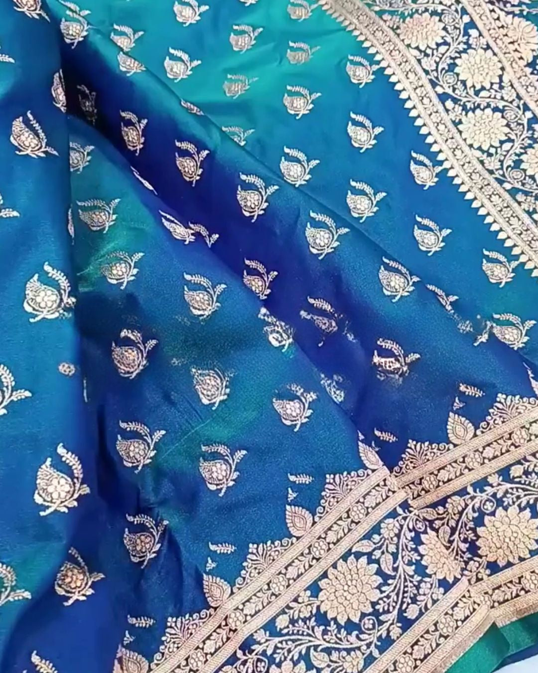Mrunal - Teal Blue Banarasi Silk Saree with Zari Floral Border
