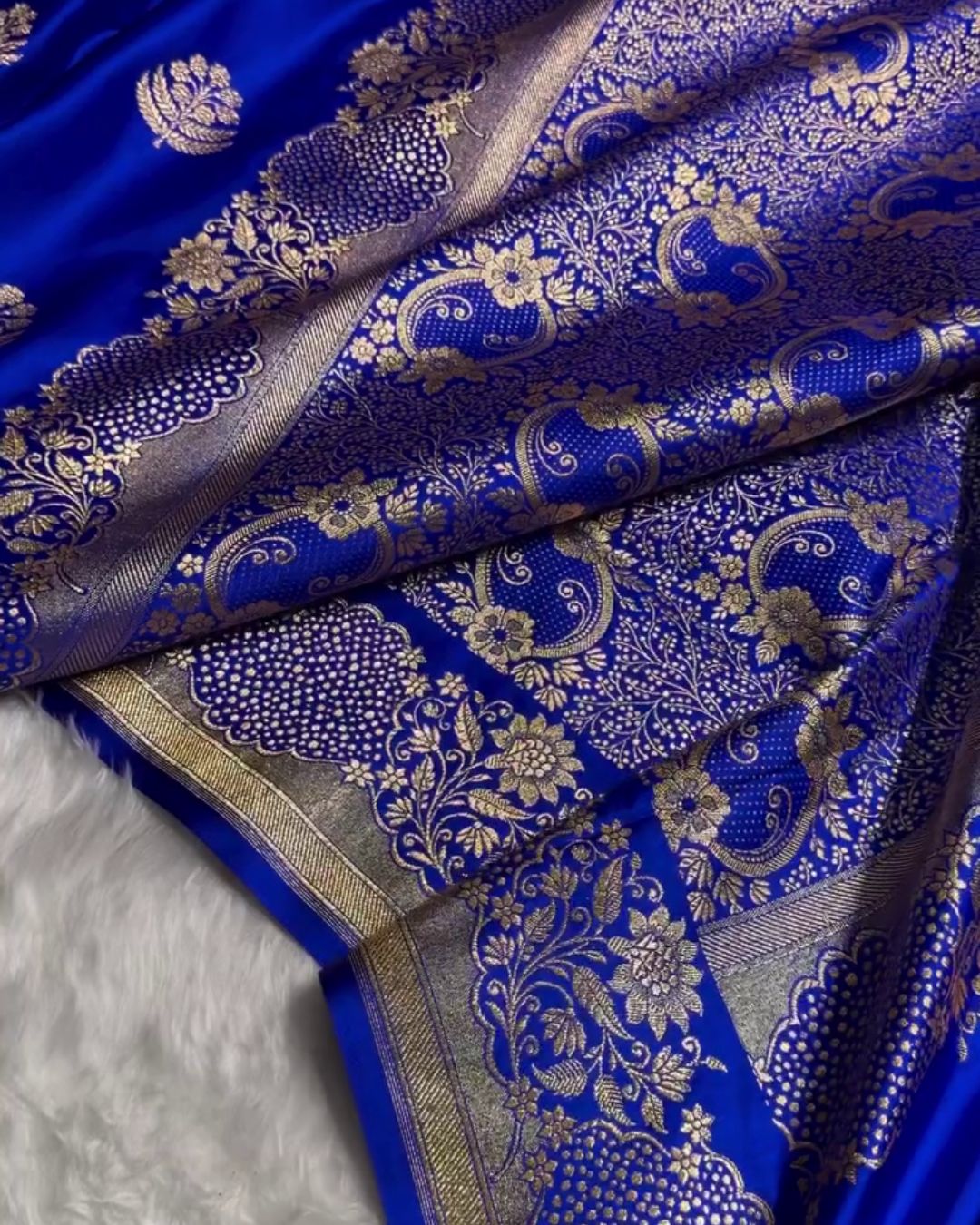 Prerana - Blue Banarasi Satin Saree with Zari Floral Border