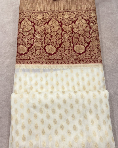 Devika - Ivory White Banarasi Organza Saree