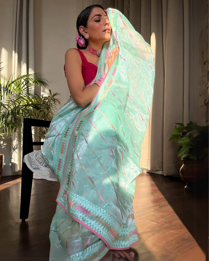 Aqua Whisper - Organza Silk Saree