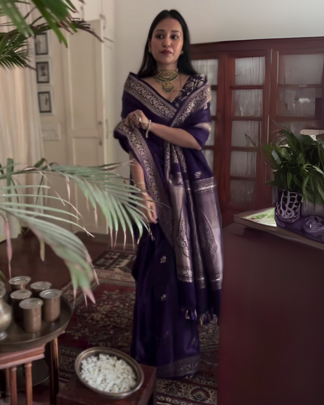 Rohini - Purple Banarasi Silk Saree with Silver Zari Border &amp; Butta Weave