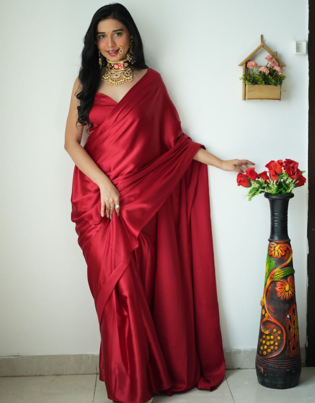 Kinjal Red Ready To Wear Satin Silk Saree