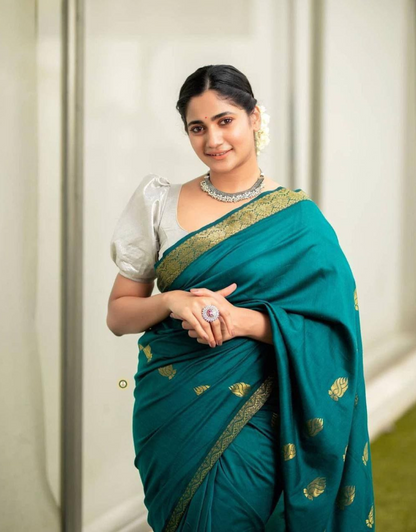 Nita Sherwood Green Banarasi Silk Saree With Attached Blouse